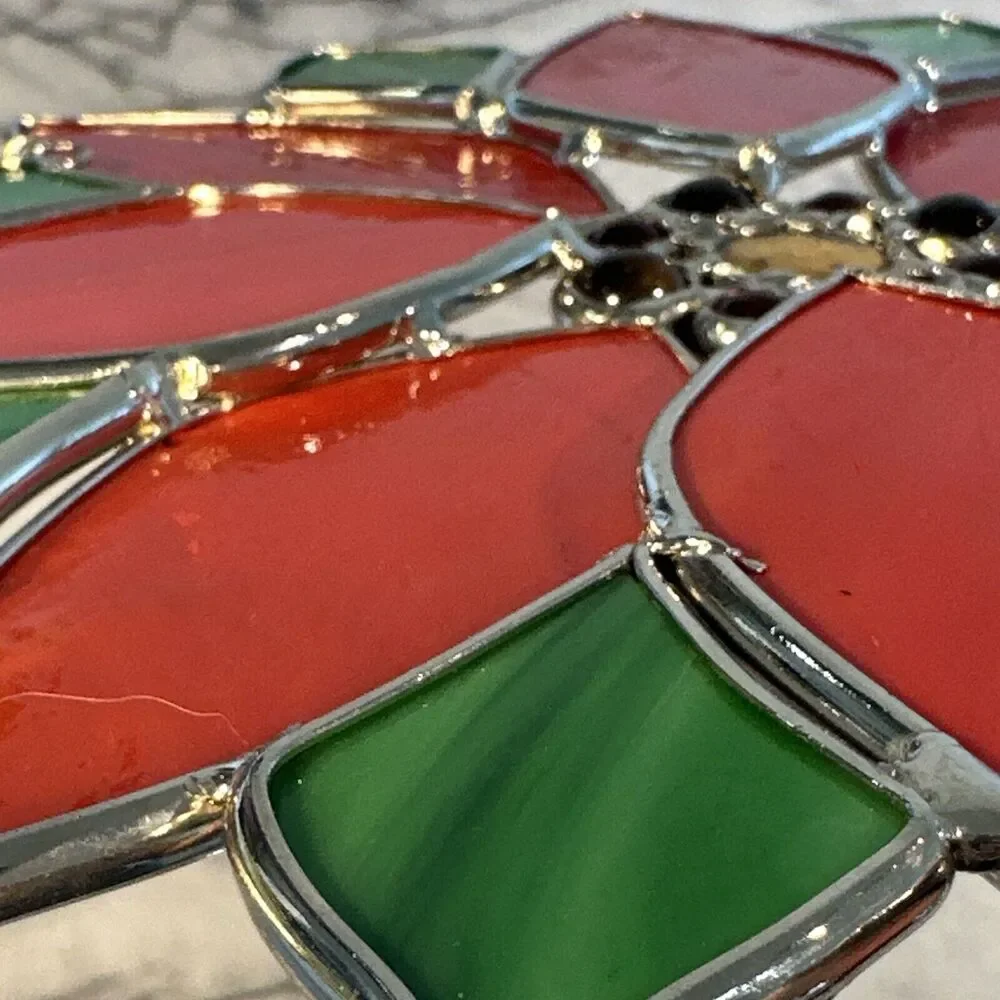 Stained‎ Glass Pointsettia Christmas Flower Wreath Door Window Decor Sun Catcher